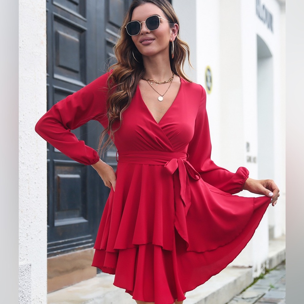 Women's Layered Dress Hem V Neck Tie Long Sleeve Cuff Elastic A Line Short Dress